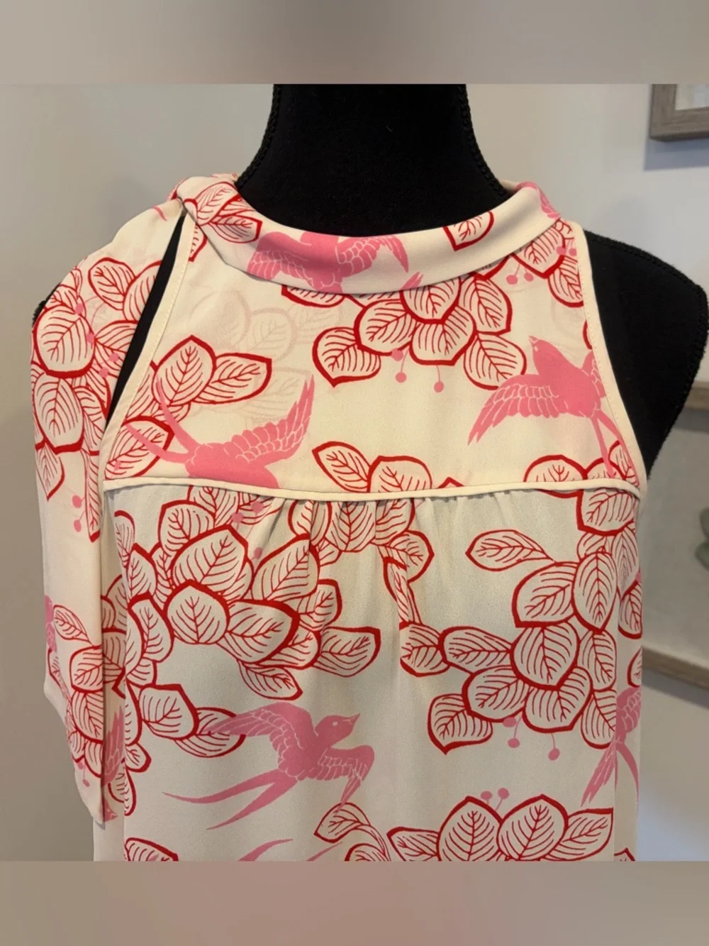 Anthropologie Maeve Cream/Red/Pink Bird & Leaf Print Bow Blouse EUC - Picture 5 of 16